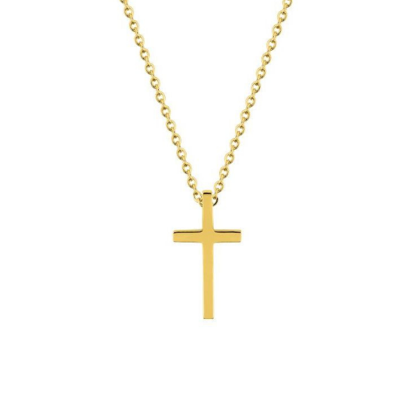 Cruz cuadrada con cadena en acero dorado