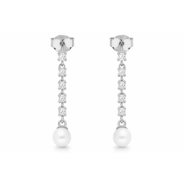 Pendientes tira circonitas y perla redonda en plata
