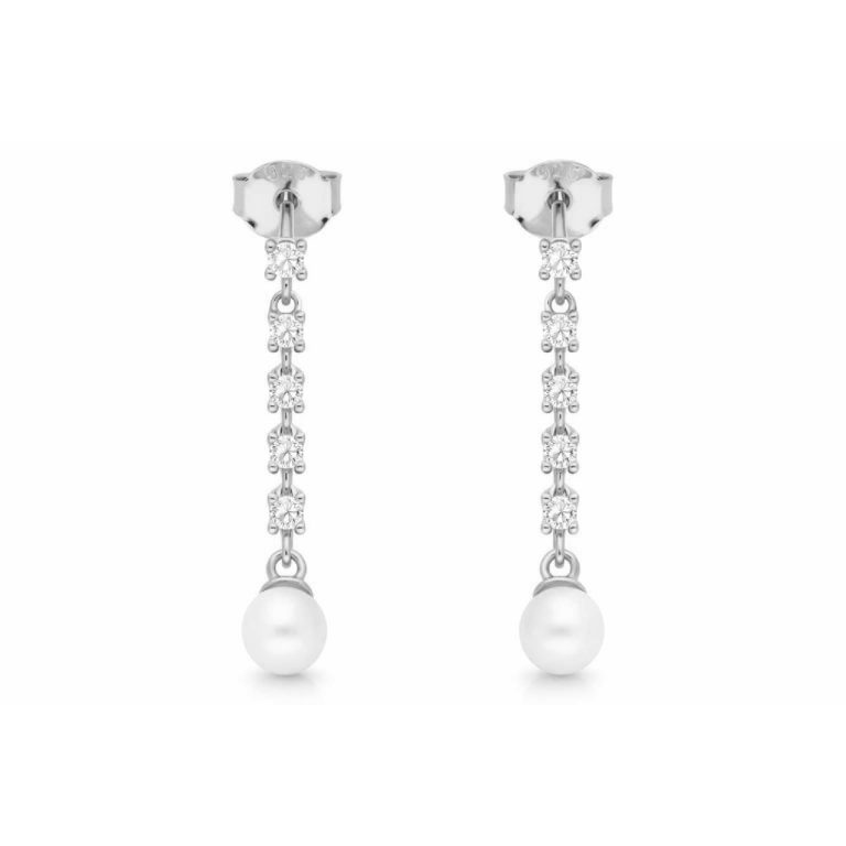 Pendientes tira circonitas y perla redonda en plata
