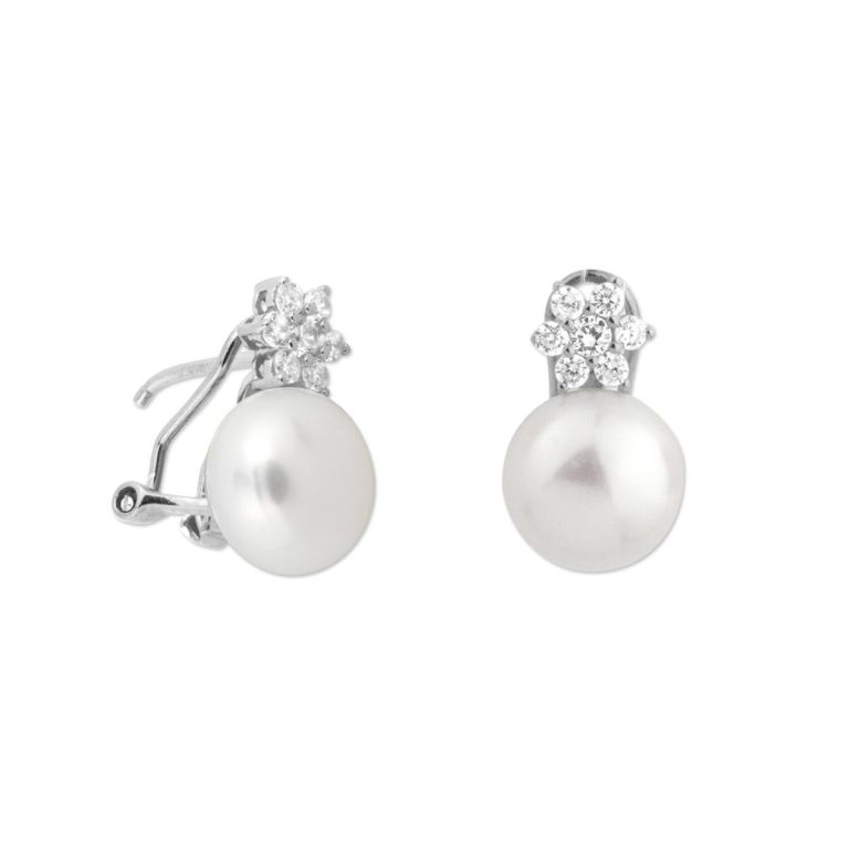 Pendientes flor circonitas y perla en plata
